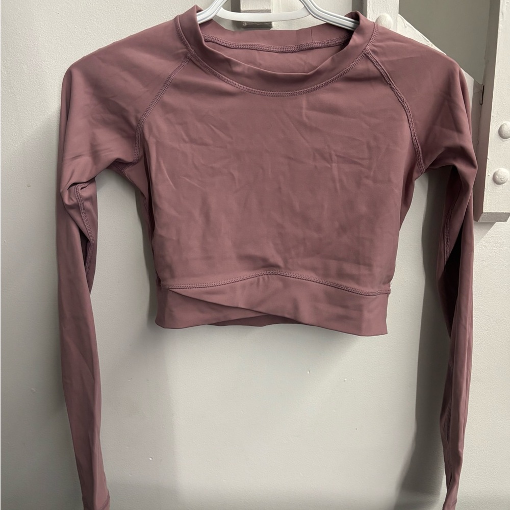 Mauve Cross-Front Long Sleeve Crop Top Workout Shirt size S